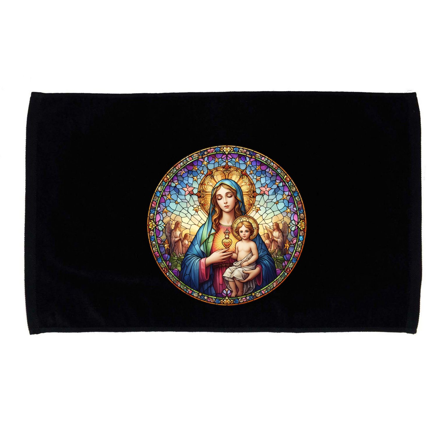Mother Mary Stained Glass Collection: Sacred Heart Of Mary And Jesus Microfiber Hand Towel