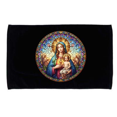 Mother Mary Stained Glass Collection: Sacred Heart Of Mary And Jesus Microfiber Hand Towel