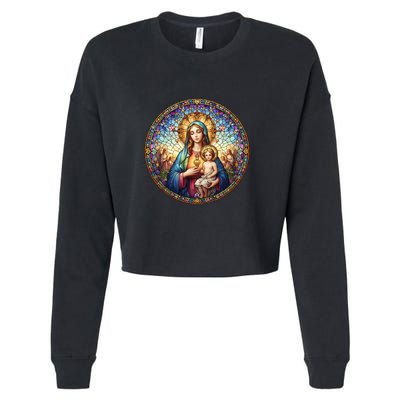 Mother Mary Stained Glass Collection: Sacred Heart Of Mary And Jesus Cropped Pullover Crew