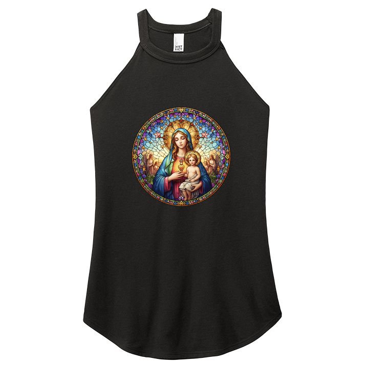 Mother Mary Stained Glass Collection: Sacred Heart Of Mary And Jesus Women's Perfect Tri Rocker Tank
