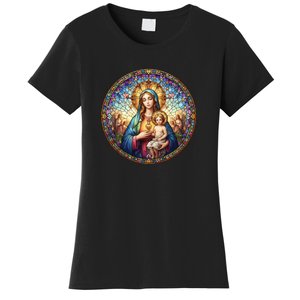 Mother Mary Stained Glass Collection: Sacred Heart Of Mary And Jesus Women's T-Shirt