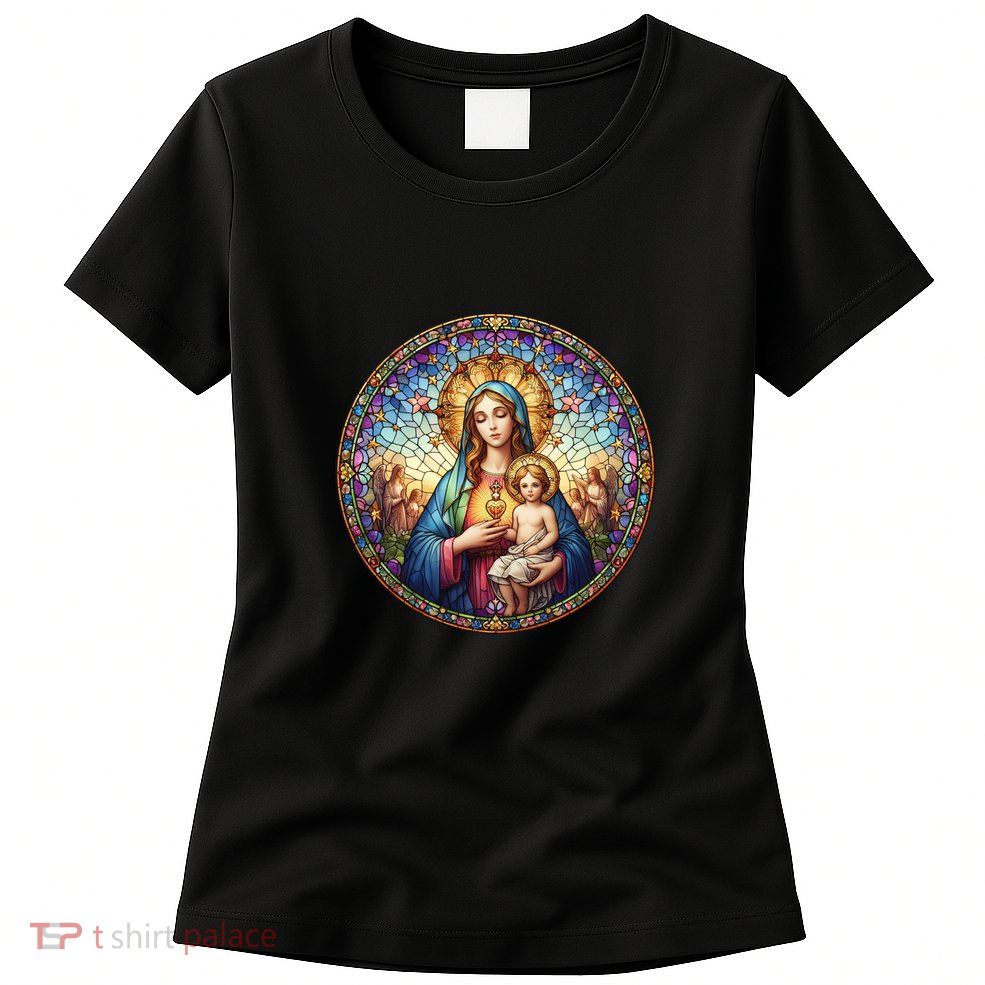 Mother Mary Stained Glass Collection: Sacred Heart Of Mary And Jesus Womens T-Shirt
