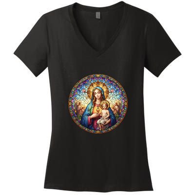 Mother Mary Stained Glass Collection: Sacred Heart Of Mary And Jesus Women's V-Neck T-Shirt