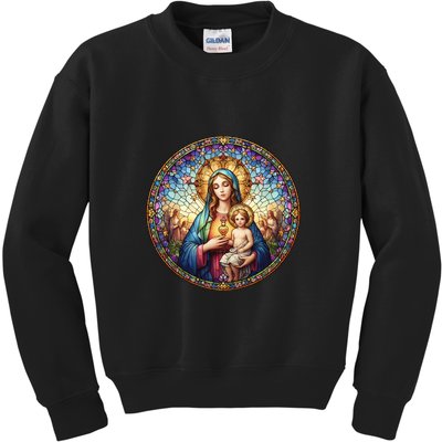 Mother Mary Stained Glass Collection: Sacred Heart Of Mary And Jesus Kids Sweatshirt
