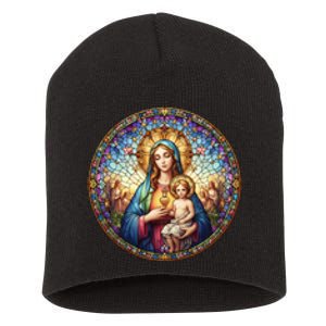 Mother Mary Stained Glass Collection: Sacred Heart Of Mary And Jesus Short Acrylic Beanie