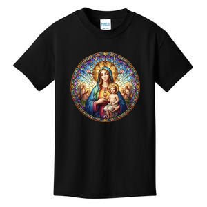 Mother Mary Stained Glass Collection: Sacred Heart Of Mary And Jesus Kids T-Shirt