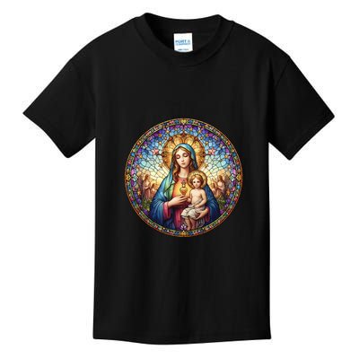 Mother Mary Stained Glass Collection: Sacred Heart Of Mary And Jesus Kids T-Shirt