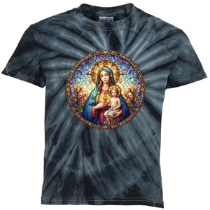 Mother Mary Stained Glass Collection: Sacred Heart Of Mary And Jesus Kids Tie-Dye T-Shirt