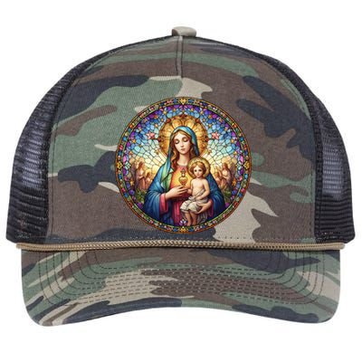 Mother Mary Stained Glass Collection: Sacred Heart Of Mary And Jesus Retro Rope Trucker Hat Cap