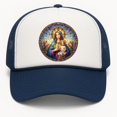 Mother Mary Stained Glass Collection: Sacred Heart Of Mary And Jesus Trucker Hat