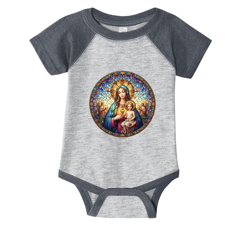 Mother Mary Stained Glass Collection: Sacred Heart Of Mary And Jesus Infant Baby Jersey Bodysuit