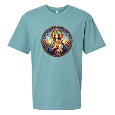 Mother Mary Stained Glass Collection: Sacred Heart Of Mary And Jesus Sueded Cloud Jersey T-Shirt