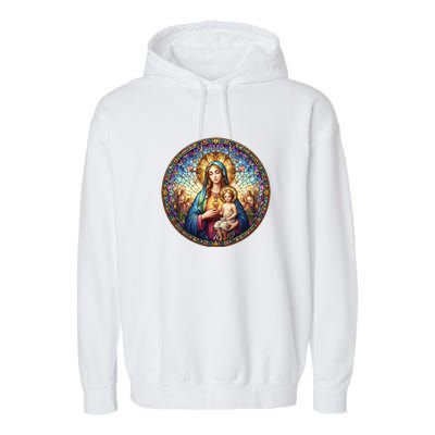 Mother Mary Stained Glass Collection: Sacred Heart Of Mary And Jesus Garment-Dyed Fleece Hoodie