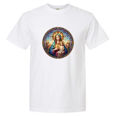 Mother Mary Stained Glass Collection: Sacred Heart Of Mary And Jesus Garment-Dyed Heavyweight T-Shirt