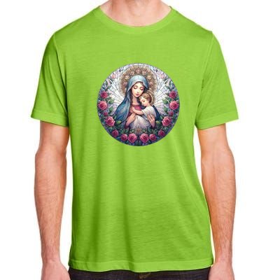 Mother Mary Stained Glass Collection: Roses Mary And Jesus Catholic Christian Adult ChromaSoft Performance T-Shirt