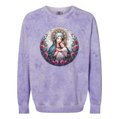 Mother Mary Stained Glass Collection: Roses Mary And Jesus Catholic Christian Colorblast Crewneck Sweatshirt