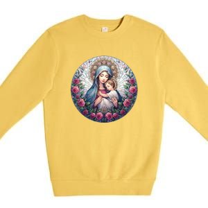 Mother Mary Stained Glass Collection: Roses Mary And Jesus Catholic Christian Premium Crewneck Sweatshirt