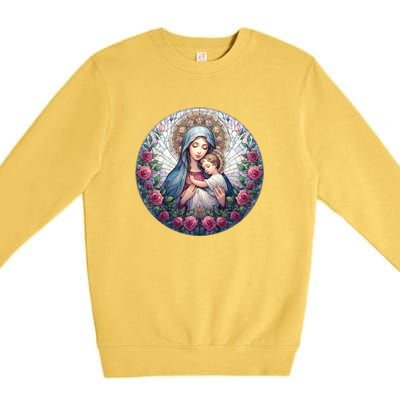 Mother Mary Stained Glass Collection: Roses Mary And Jesus Catholic Christian Premium Crewneck Sweatshirt