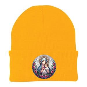 Mother Mary Stained Glass Collection: Roses Mary And Jesus Catholic Christian Knit Cap Winter Beanie