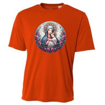 Mother Mary Stained Glass Collection: Roses Mary And Jesus Catholic Christian Cooling Performance Crew T-Shirt