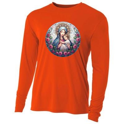 Mother Mary Stained Glass Collection: Roses Mary And Jesus Catholic Christian Cooling Performance Long Sleeve Crew