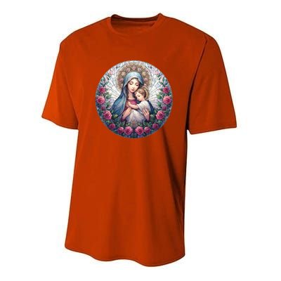 Mother Mary Stained Glass Collection: Roses Mary And Jesus Catholic Christian Performance Sprint T-Shirt