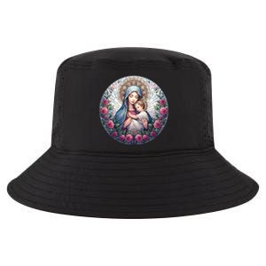 Mother Mary Stained Glass Collection: Roses Mary And Jesus Catholic Christian Cool Comfort Performance Bucket Hat