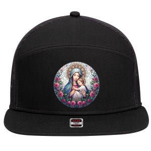 Mother Mary Stained Glass Collection: Roses Mary And Jesus Catholic Christian 7 Panel Mesh Trucker Snapback Hat