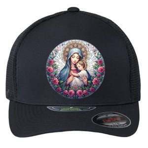 Mother Mary Stained Glass Collection: Roses Mary And Jesus Catholic Christian Flexfit Unipanel Trucker Cap