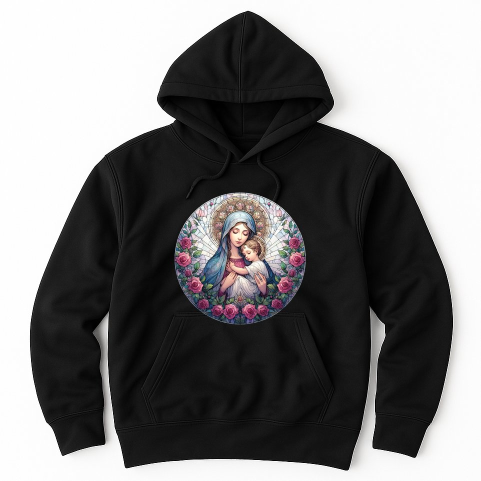 Mother Mary Stained Glass Collection: Roses Mary And Jesus Catholic Christian Hoodie