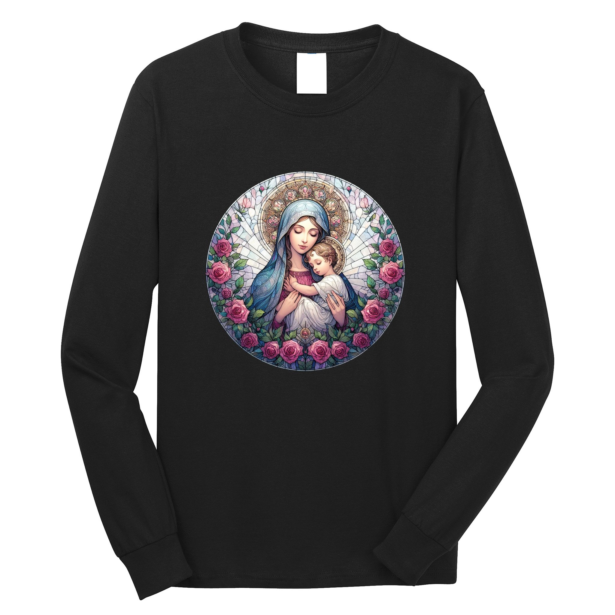 Mother Mary Stained Glass Collection: Roses Mary And Jesus Catholic Christian Long Sleeve Shirt