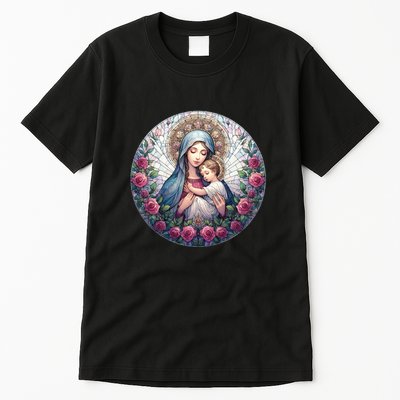 Mother Mary Stained Glass Collection: Roses Mary And Jesus Catholic Christian Tall T-Shirt