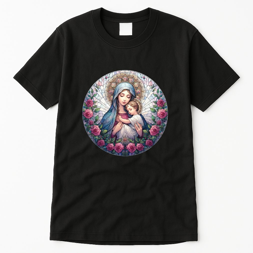 Mother Mary Stained Glass Collection: Roses Mary And Jesus Catholic Christian Tall T-Shirt