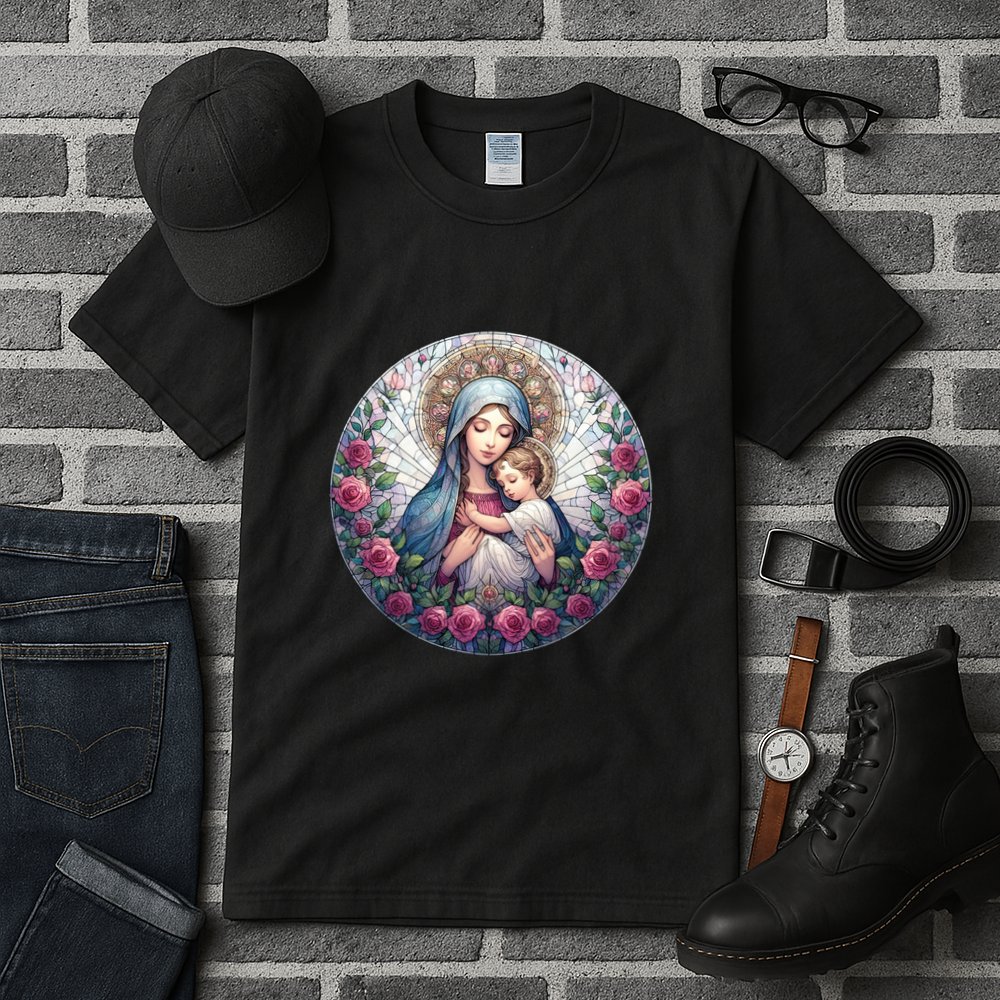 Mother Mary Stained Glass Collection: Roses Mary And Jesus Catholic Christian Tall T-Shirt