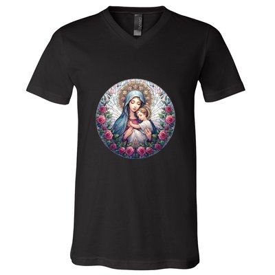 Mother Mary Stained Glass Collection: Roses Mary And Jesus Catholic Christian V-Neck T-Shirt