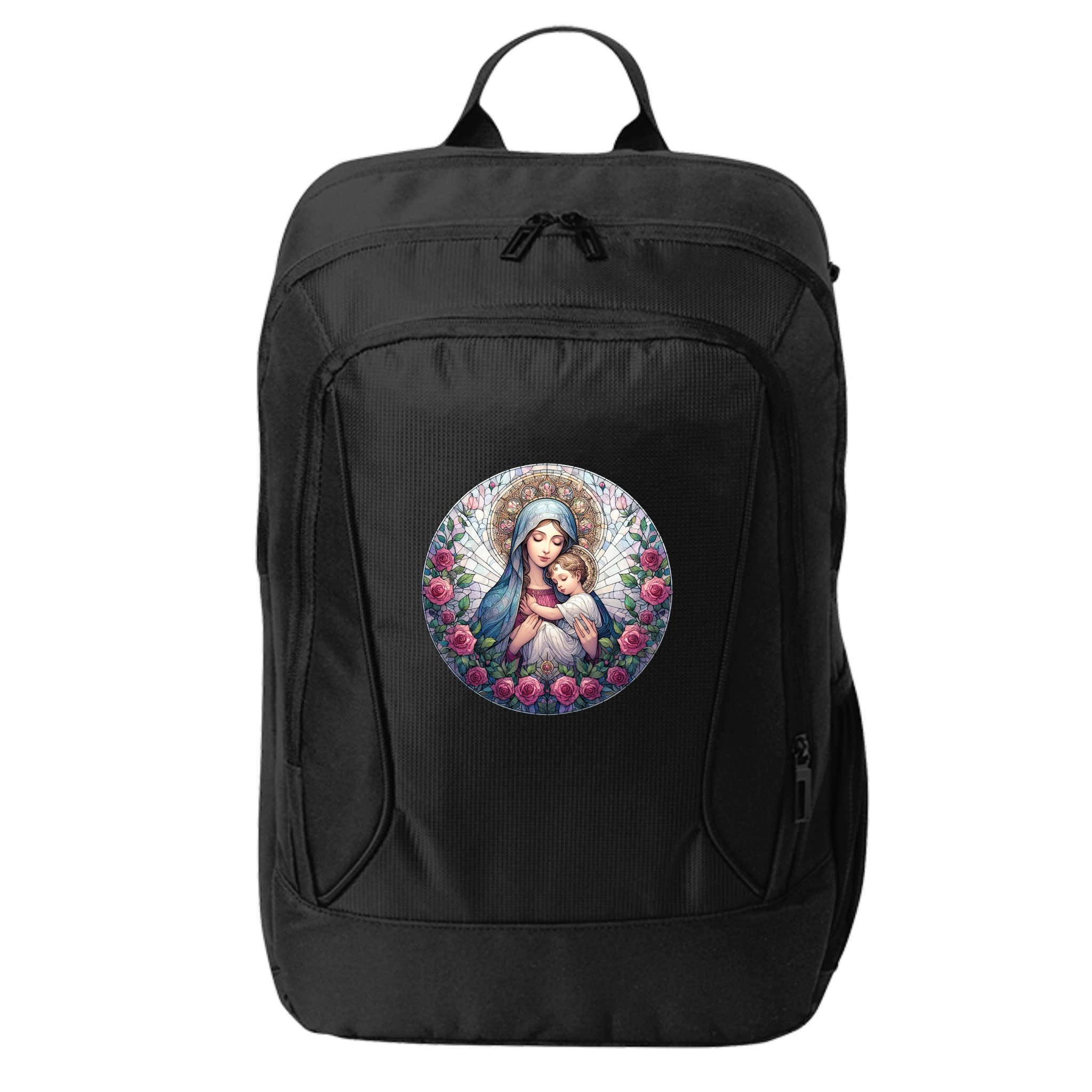 Mother Mary Stained Glass Collection: Roses Mary And Jesus Catholic Christian City Backpack