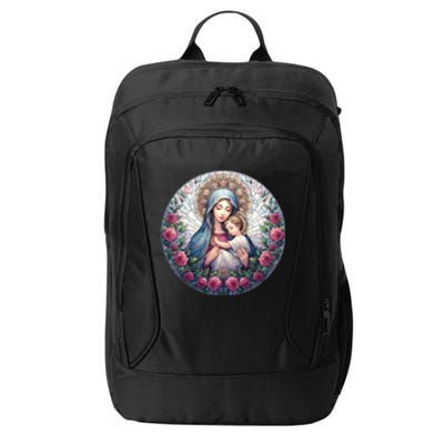 Mother Mary Stained Glass Collection: Roses Mary And Jesus Catholic Christian City Backpack