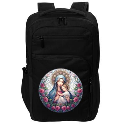 Mother Mary Stained Glass Collection: Roses Mary And Jesus Catholic Christian Impact Tech Backpack