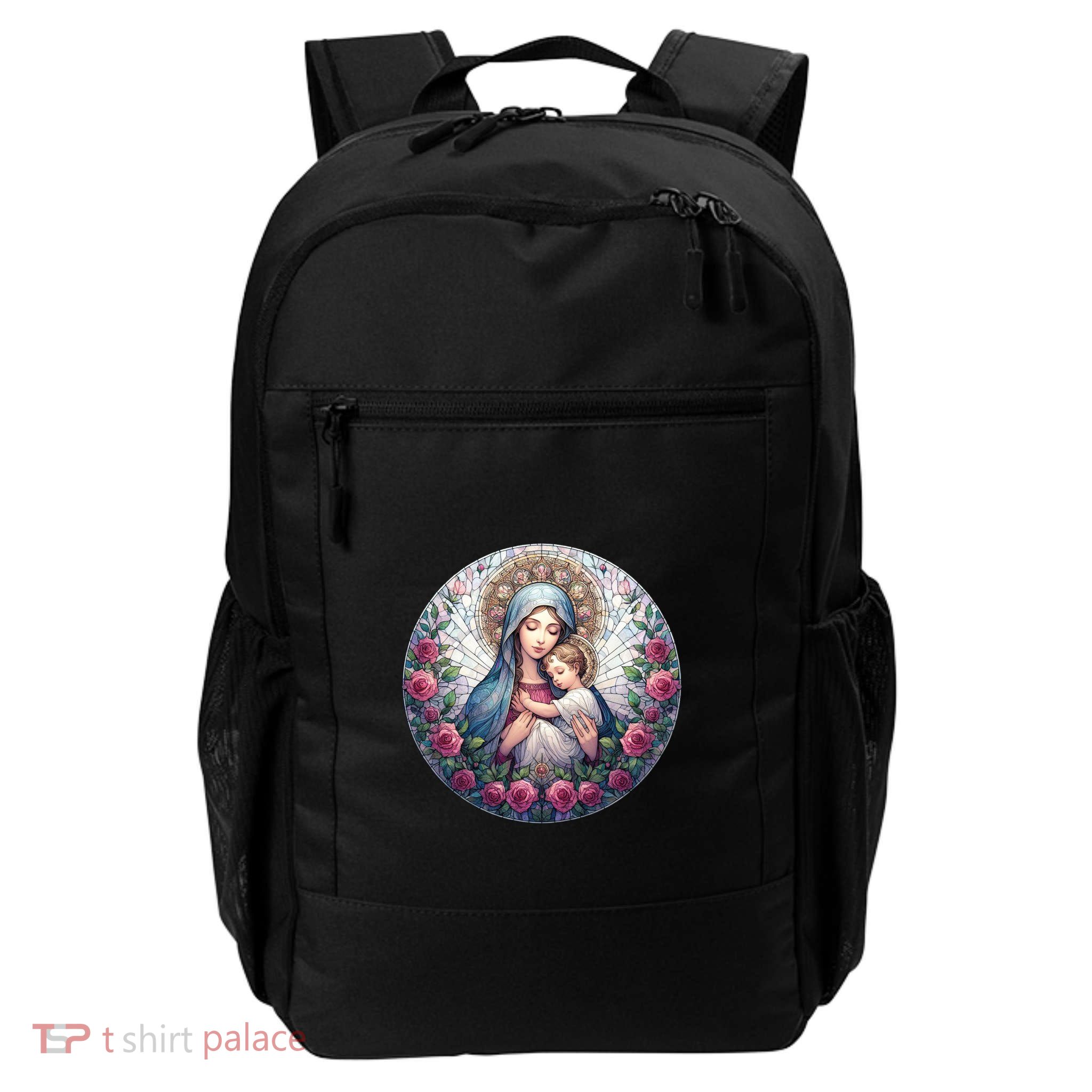 Mother Mary Stained Glass Collection: Roses Mary And Jesus Catholic Christian Daily Commute Backpack