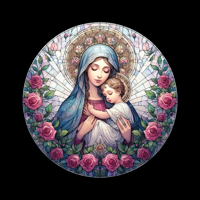 Mother Mary Stained Glass Collection: Roses Mary And Jesus Catholic Christian Button