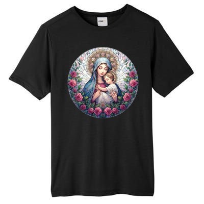 Mother Mary Stained Glass Collection: Roses Mary And Jesus Catholic Christian Tall Fusion ChromaSoft Performance T-Shirt