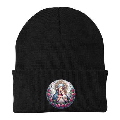 Mother Mary Stained Glass Collection: Roses Mary And Jesus Catholic Christian Beanie
