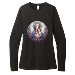 Mother Mary Stained Glass Collection: Roses Mary And Jesus Catholic Christian Womens CVC Long Sleeve Shirt