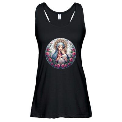Mother Mary Stained Glass Collection: Roses Mary And Jesus Catholic Christian Ladies Essential Flowy Tank