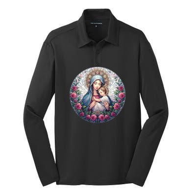 Mother Mary Stained Glass Collection: Roses Mary And Jesus Catholic Christian Silk Touch Performance Long Sleeve Polo