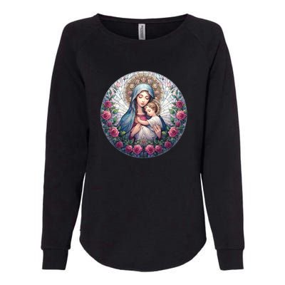 Mother Mary Stained Glass Collection: Roses Mary And Jesus Catholic Christian Womens California Wash Sweatshirt