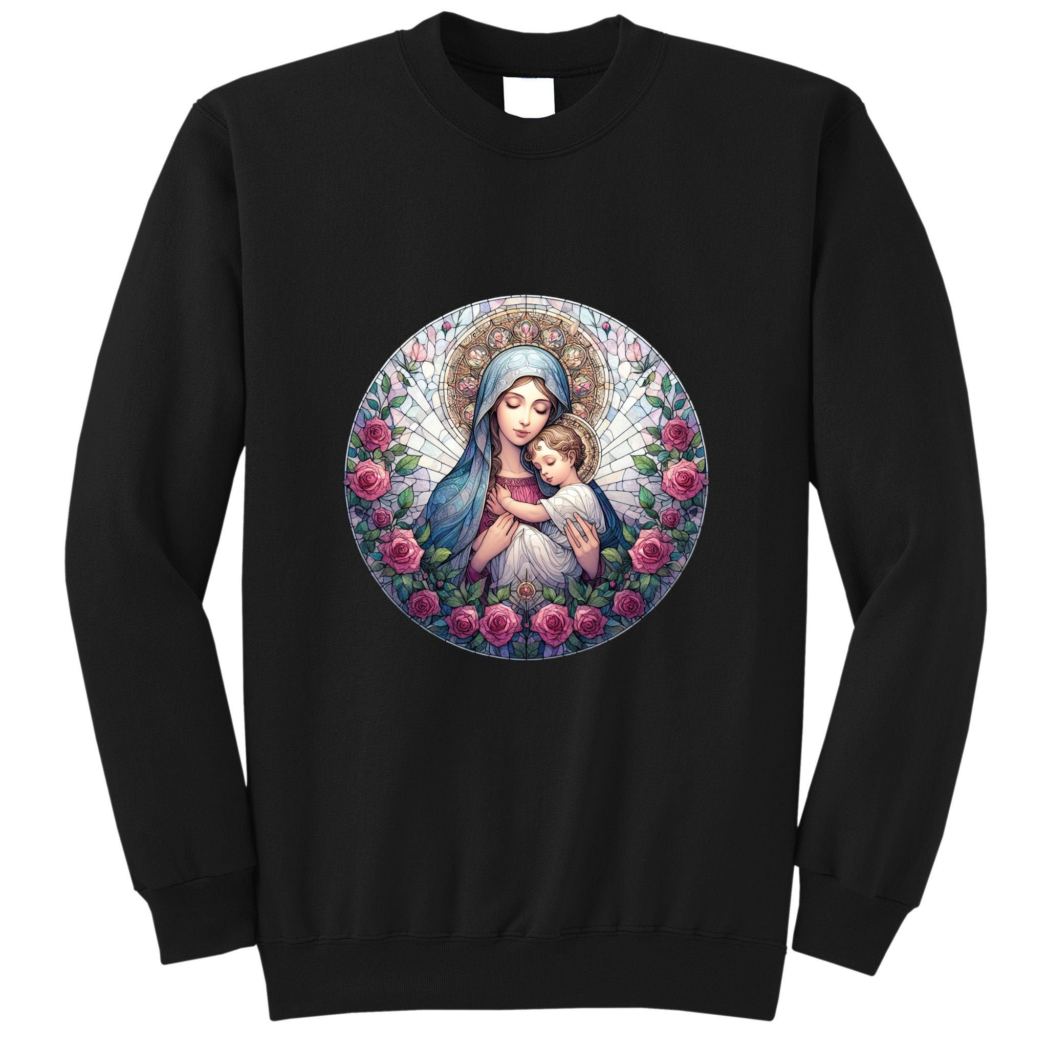 Mother Mary Stained Glass Collection: Roses Mary And Jesus Catholic Christian Tall Sweatshirt