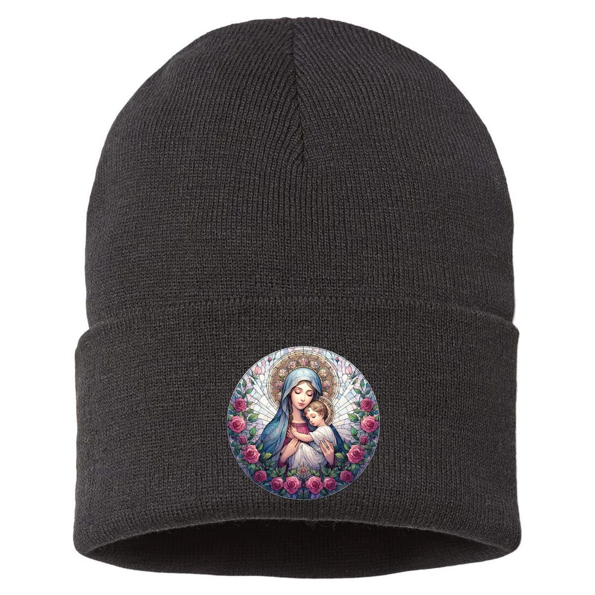 Mother Mary Stained Glass Collection: Roses Mary And Jesus Catholic Christian Sustainable Knit Beanie