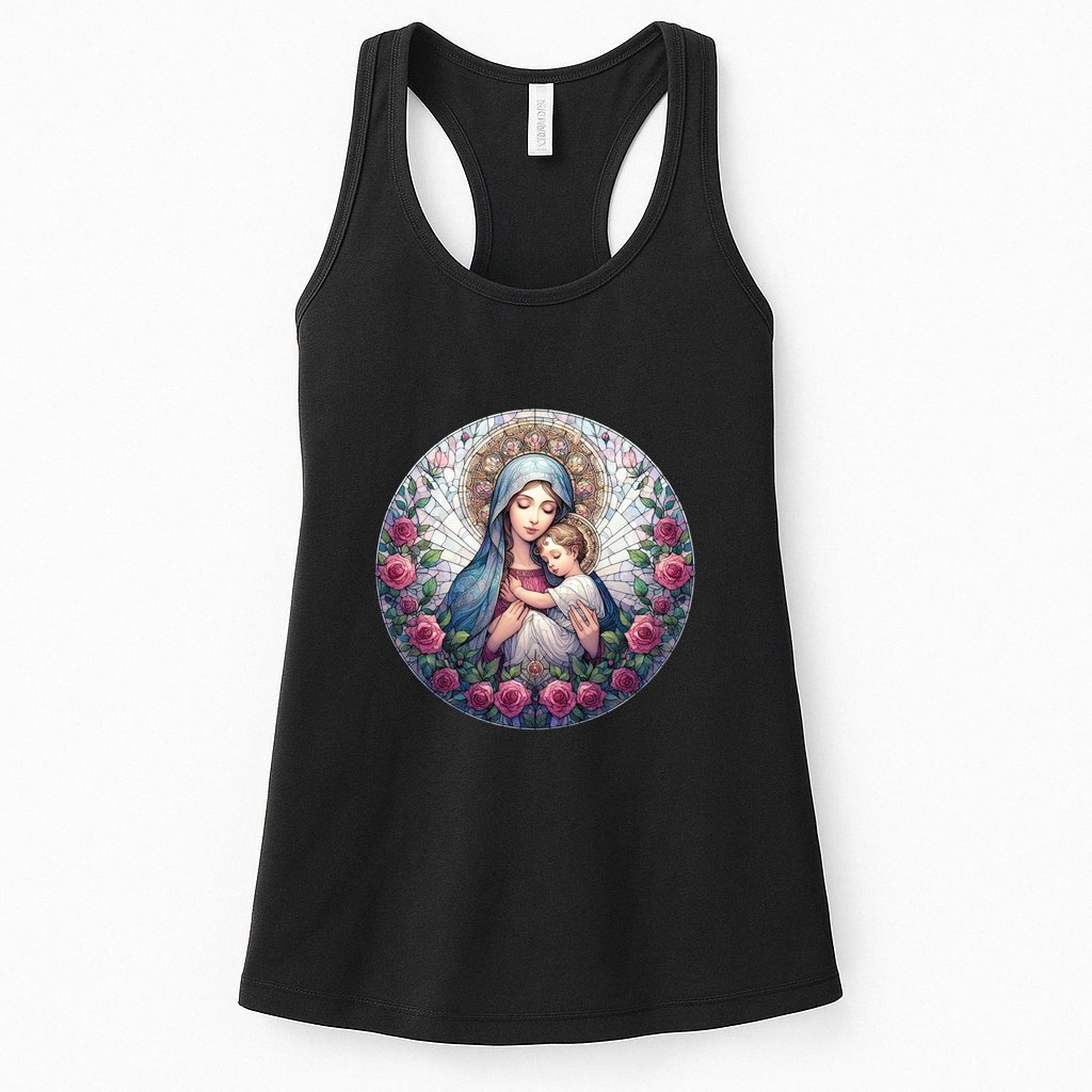 Mother Mary Stained Glass Collection: Roses Mary And Jesus Catholic Christian Womens Tank Top