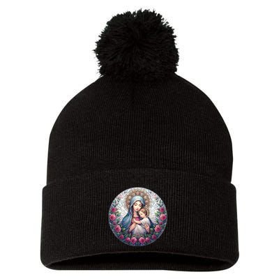Mother Mary Stained Glass Collection: Roses Mary And Jesus Catholic Christian Pom Pom 12in Knit Beanie